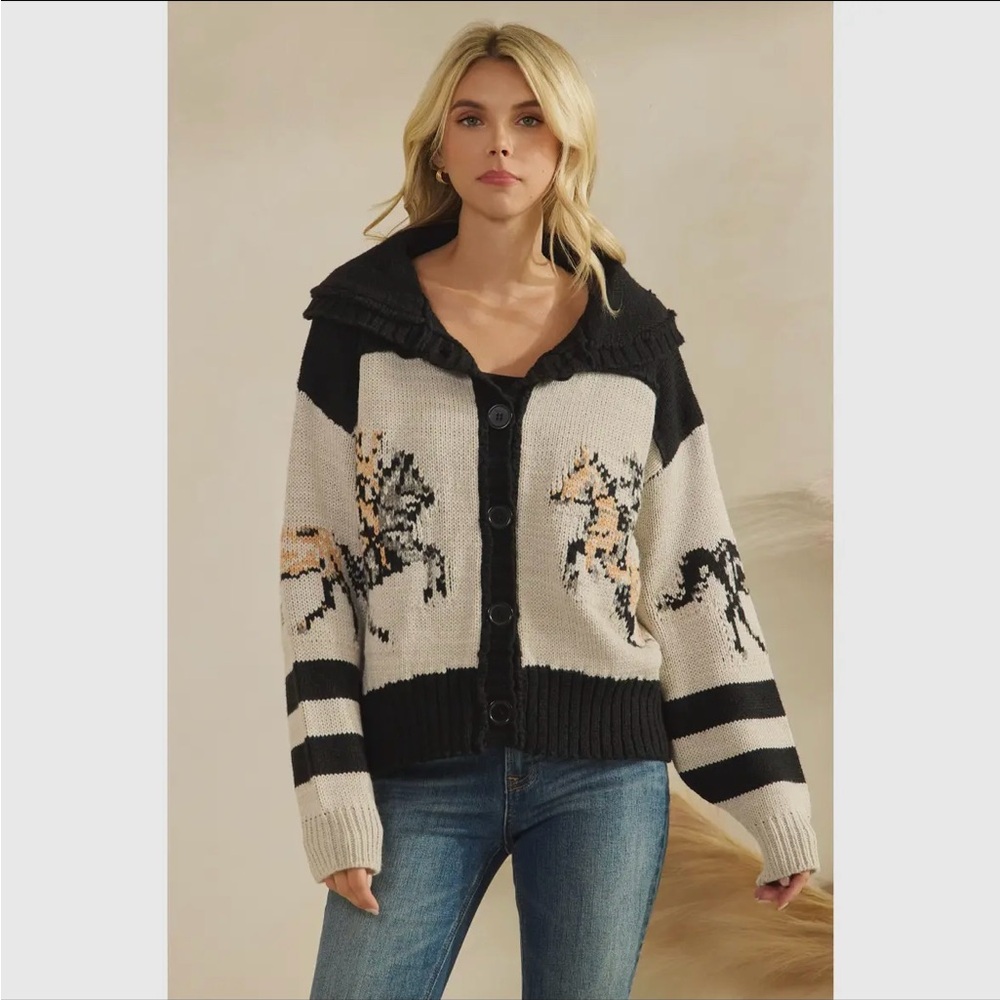 Anthropologie Black and Cream Horse Sweater